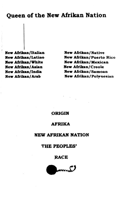 Queen of the New Afrikan Nation  New Afrikan/Italian New Afrikan/Native New Afrikan/Latino New Afrikan/Puerto Rico New Afrikan/White New Afrikan/Mexican New Afrikan/Asian New Afrikan/Creole New Afrikan/India New Afrikan/Samoan New Afrikan/Arab New Afrikan/Polynesian ORIGIN AFRIKA  NEW AFRIKAN NATION ‘THE PEOPLES’  RACE  o 